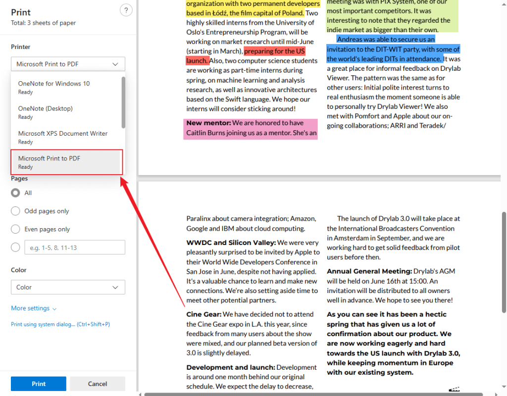 Select the Microsoft Print to PDF option from the Printer list