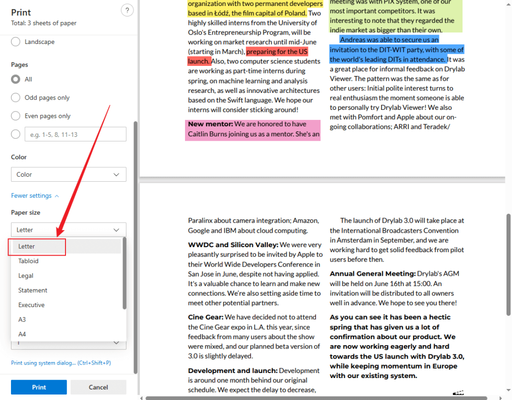 Select the Letter option from the Paper size list