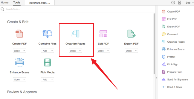 Click Tools and select the Organize Pages option in Adobe Acrobat Pro