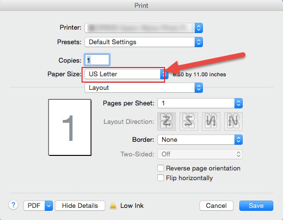Select the US Letter option from the Paper Size list in Preview