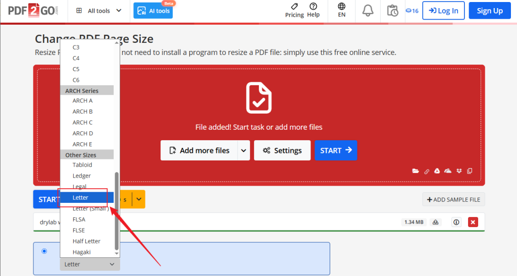 Choose the Letter option in PDF2Go