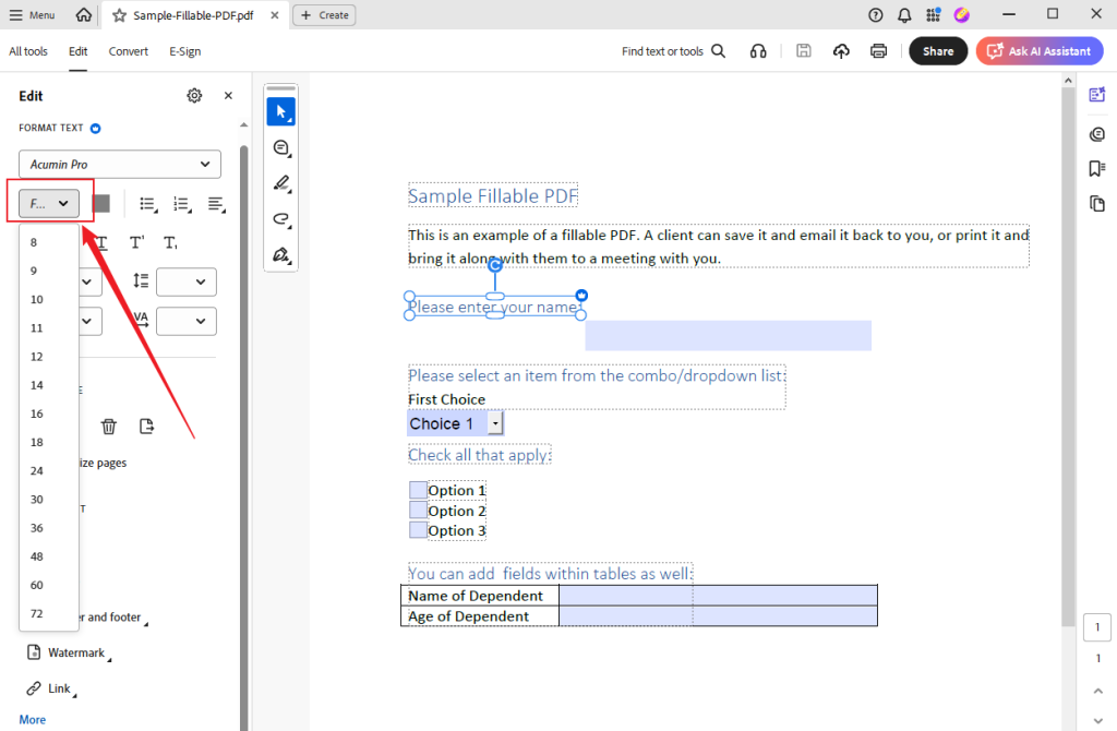 Open the Font Size list to select the needed font size in Adobe Acrobat