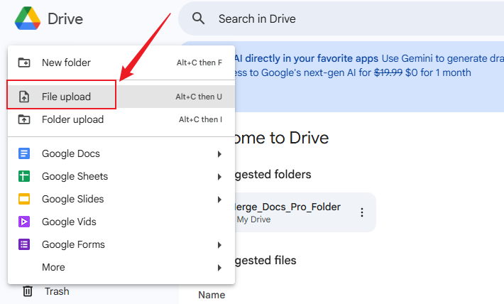 Click New and File upload to import your PDF file into Google Drive