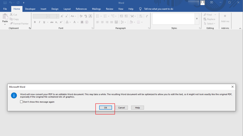 Click OK to open the PDF file in Microsoft Word