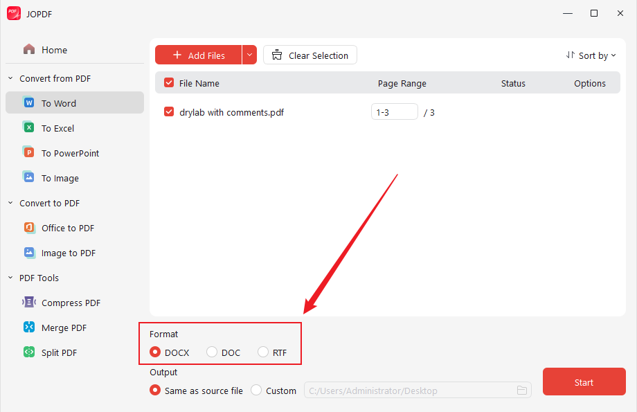 Select the preferred Word format in JOPDF