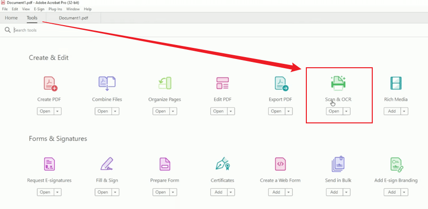 Select the Scan & OCR option in Adobe Acrobat