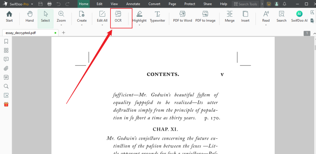 Click the OCR option in SwifDoo PDF