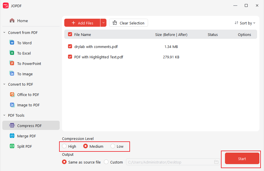 Specify the compression level in JOPDF and click Start