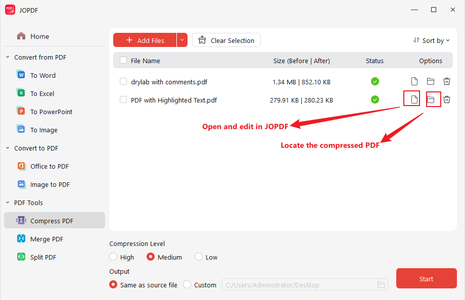 Click the folder or file icon to locate or open the compressed PDF file in JOPDF
