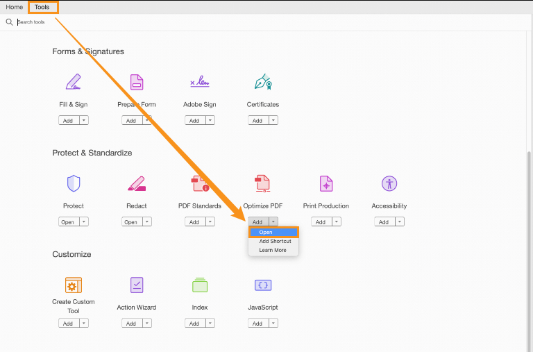 Click the Optimize PDF option in Adobe Acrobat