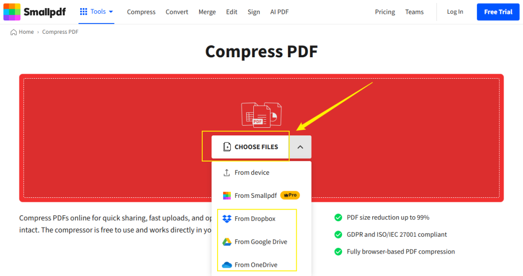 Click CHOOSE FILES to upload the large PDF file into Smallpdf