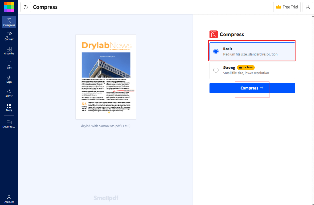 Select the compression degree and click Compress in Smallpdf