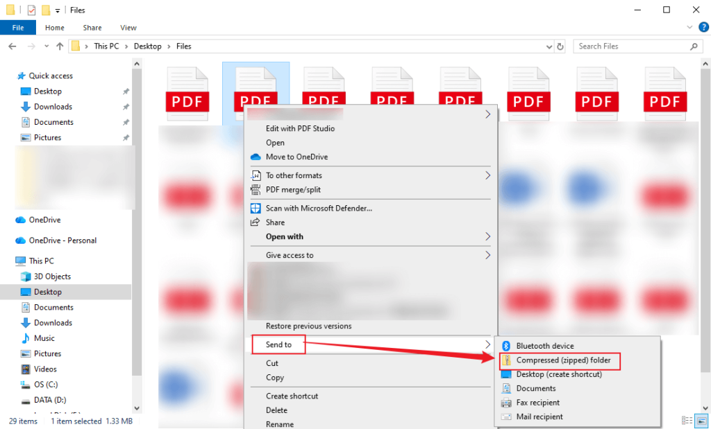 Right-click the large PDF file to Sent to and click the Compressed (zipped) folder option on Windows