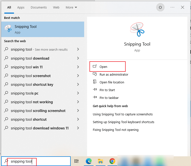 Search and find Snipping Tool via Windows’ search box