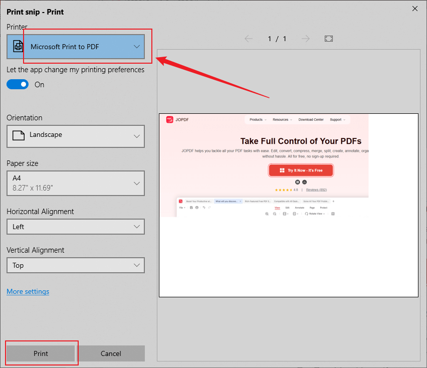Select the Microsoft Print to PDF option