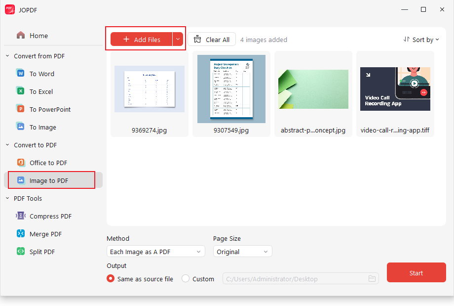 Select the Image to PDF option and click App Files to import your screenshots into JOPDF