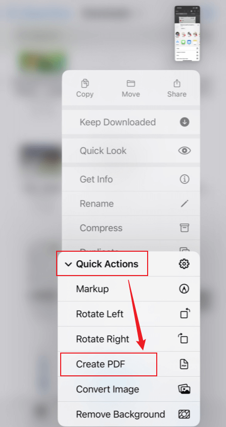 Expand the Quick Actions list and tap the Create PDF option