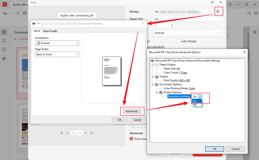 Click the Properties icon next to the printer and click the Advanced button to turn on borderless printing in JOPDF