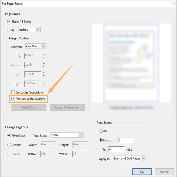 Tick the Remove White Margins checkbox in Adobe Acrobat