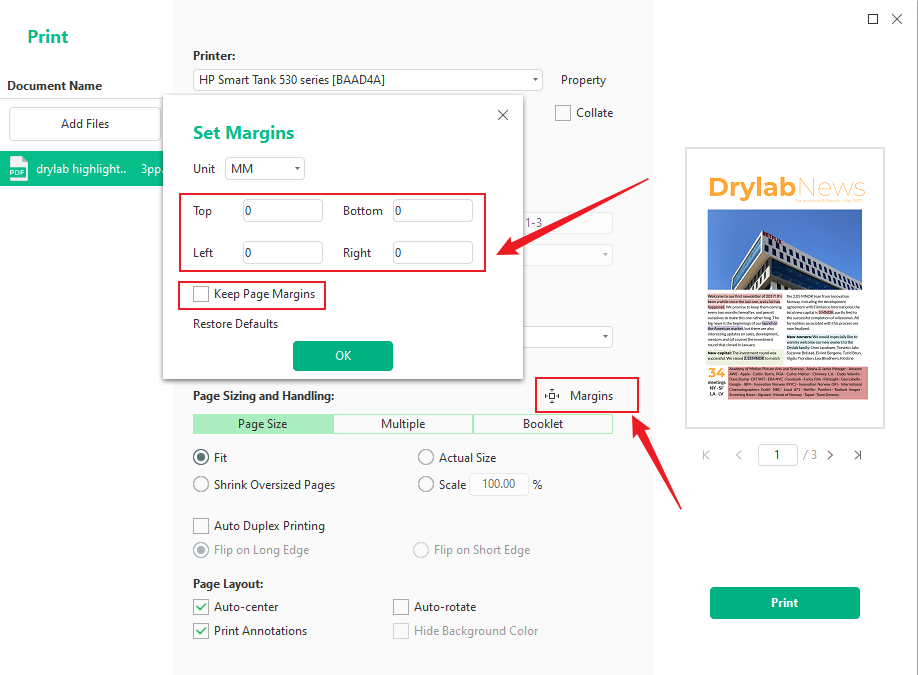 Click Margins to set all margin values to 0 in SwifDoo PDF