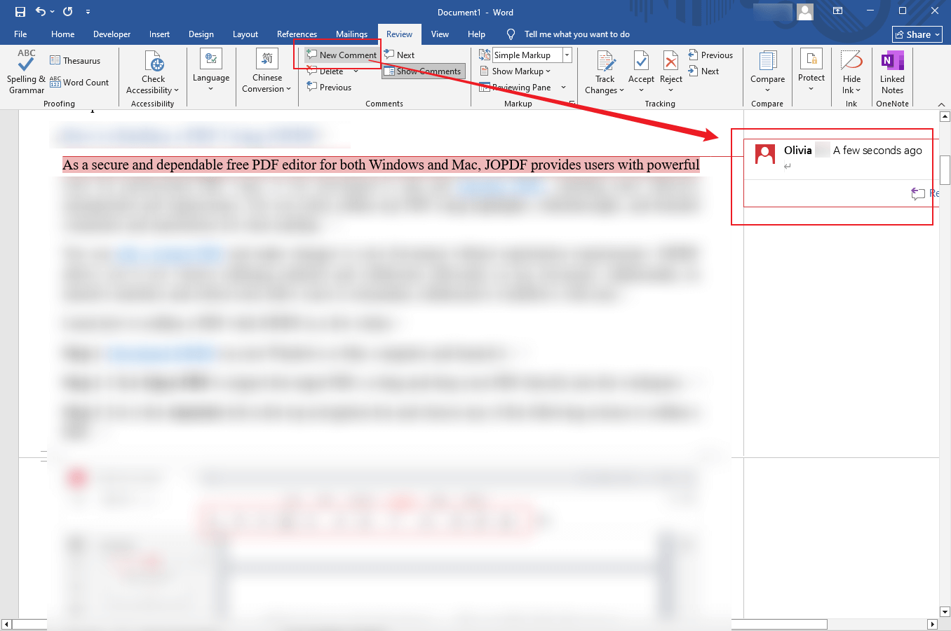 Select the target text and click the New Comment option under the Review tab in Microsoft Word