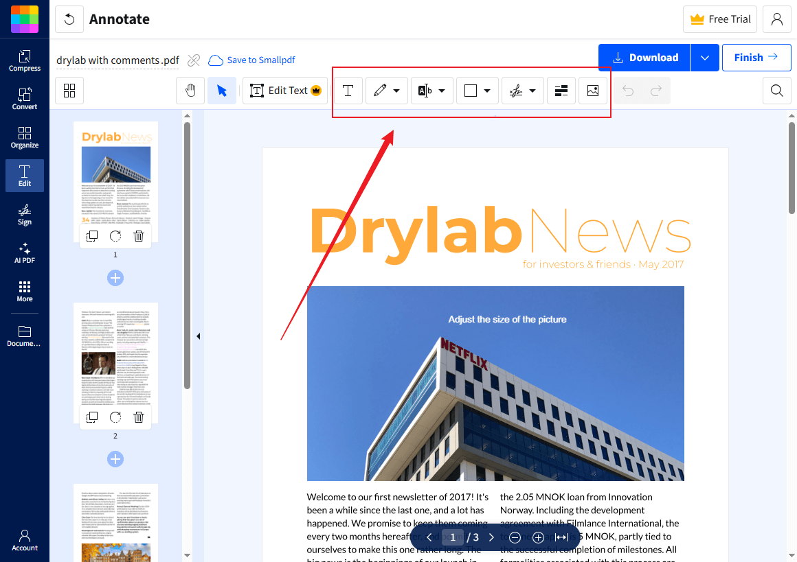 Redline the PDF file in Smallpdf