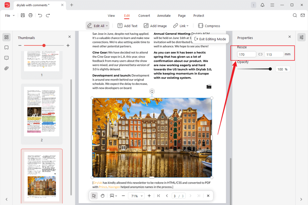Resize the PDF image in the Properties window of JOPDF