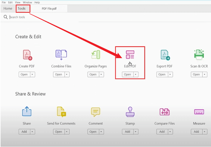 Go to Tools and click the Edit PDF option in Adobe Acrobat Pro