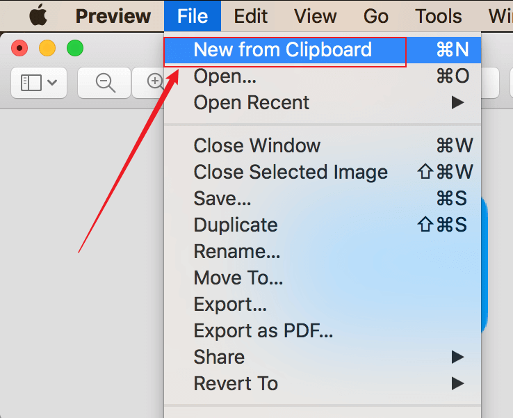 Click File and select the New from Clipboard option in Preview