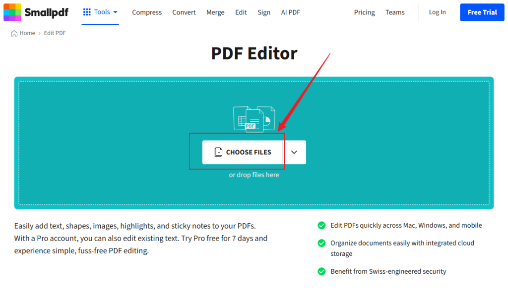 Click CHOOSE FILES to import the target PDF into Smallpdf