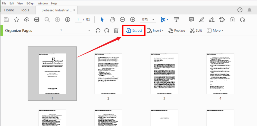 Select the PDF page you want to save in Adobe Acrobat Pro and click Extract