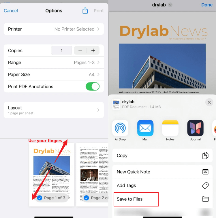 Use a pinch-out gesture to zoom in the target PDF page and click the Save to Files option in the Files app