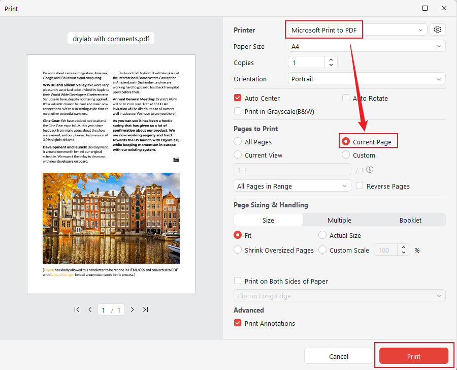Select Microsoft Print to PDF as the Printer and choose the Current Page option in JOPDF