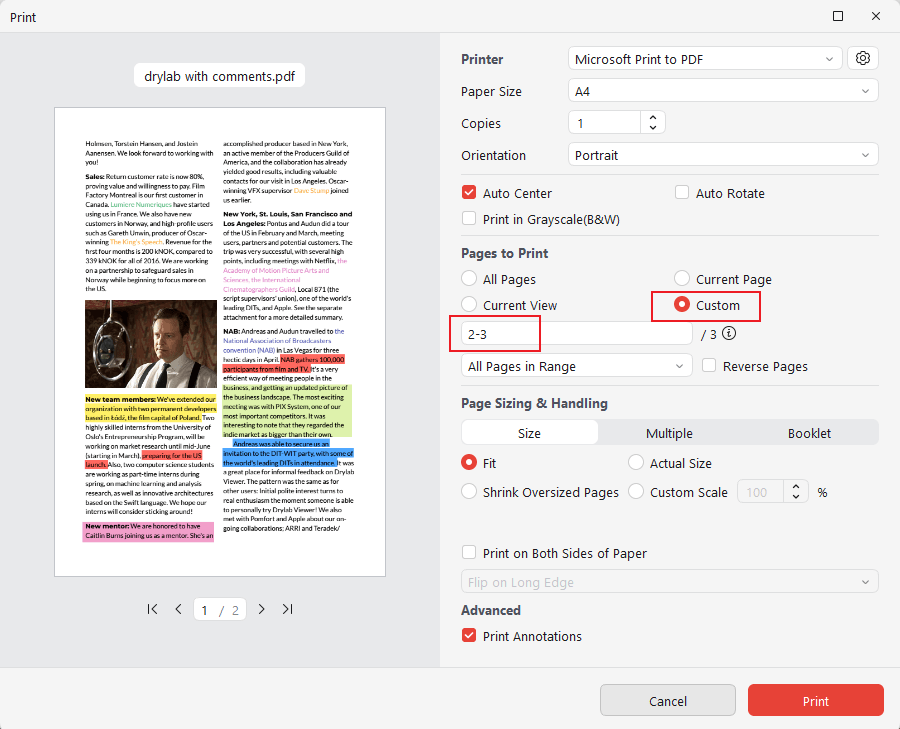 Select the Custom option and set the PDF page you want to save in JOPDF