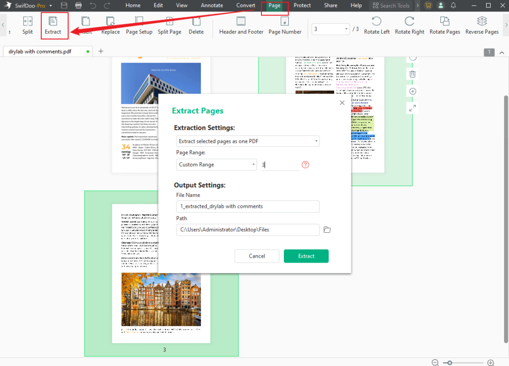 Go to Page and click the Extract option in SwifDoo PDF