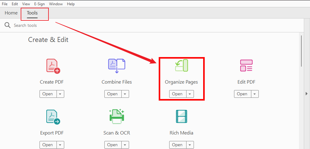 Go to Tools and select the Organize Pages option in Adobe Acrobat Pro