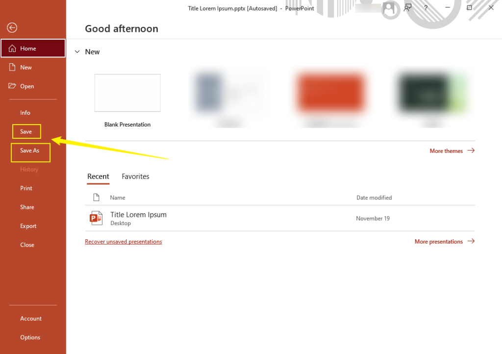 Click Save or Save As option in Microsoft PowerPoint