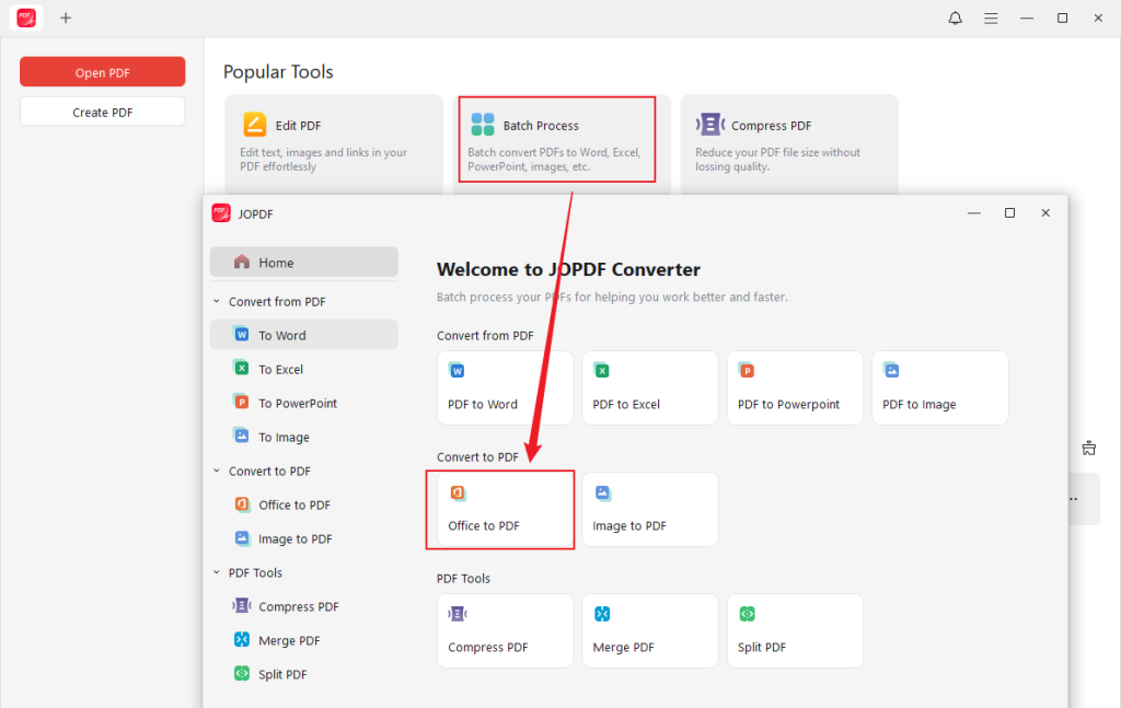 Click Batch Process and click the Office to PDF option in JOPDF