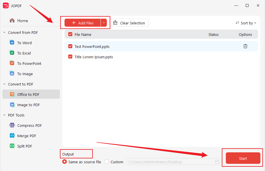 Click Add Files to import your PPT file and click Start in JOPDF