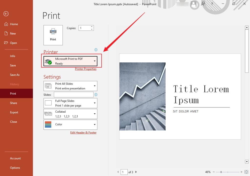 Select Microsoft Print to PDF as Printer in Microsoft PowerPoint