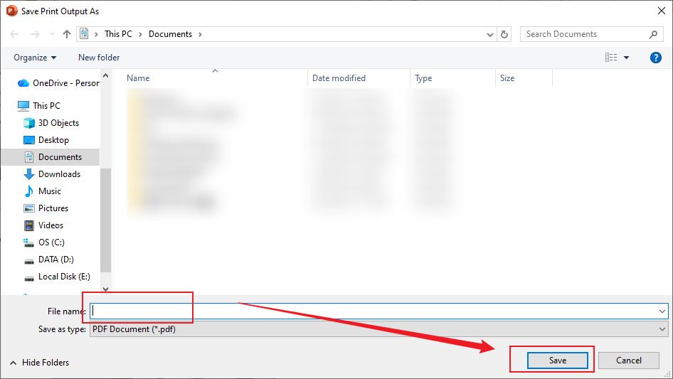 Choose the saving path and click Save in the Save Print Output As window of Microsoft PowerPoint
