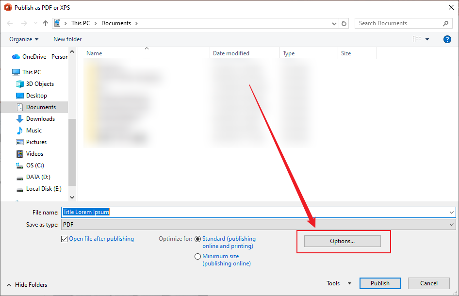 Click the Option button in the Publish as PDF or XPS window of Microsoft PowerPoint