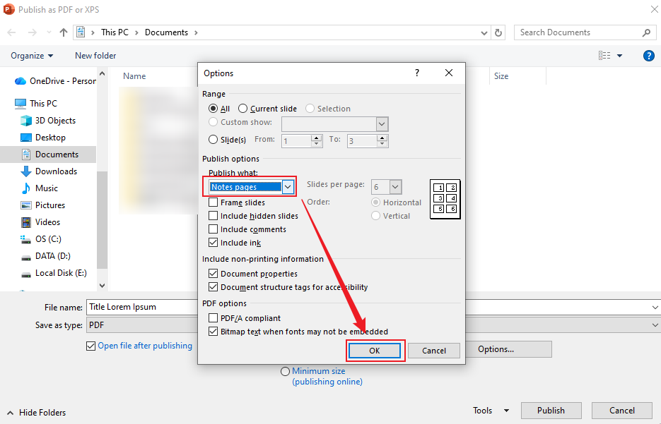 Select the Note pages option under Publish what and click OK in Microsoft PowerPoint