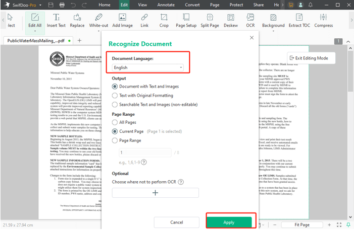 SwifDoo PDF OCR Settings