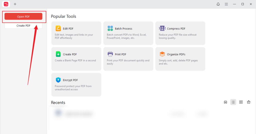 Click Open PDF to upload the target PDF into JOPDF