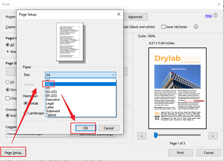Click Page Setup and choose A4 in Adobe Acrobat
