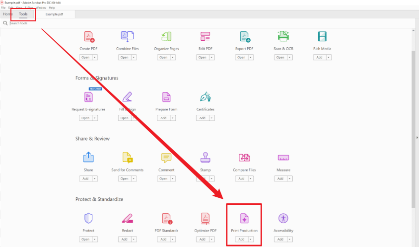 Click Tools and select the Print Production option in Adobe Acrobat