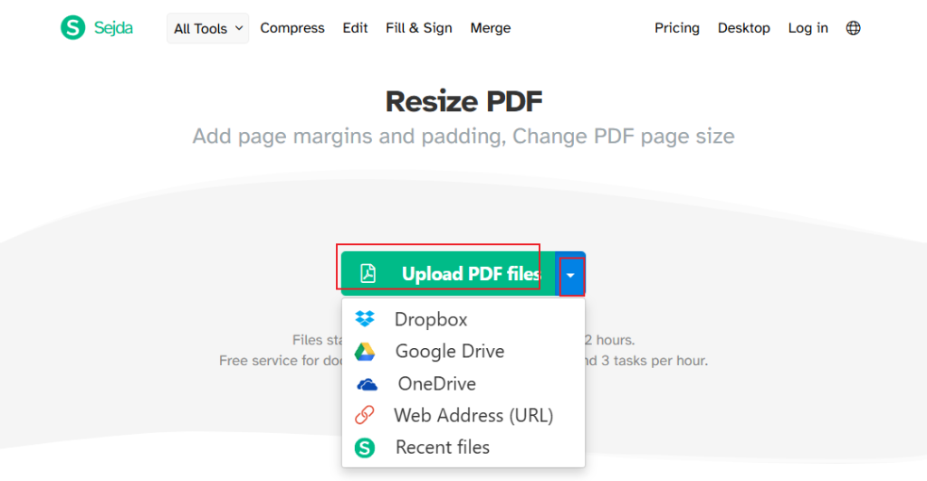 Click Upload PDF files to import your PDF file into Sejda