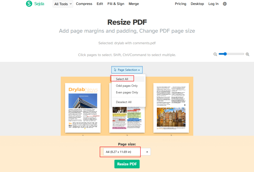 Select the A4 option and choose Select All in Sejda