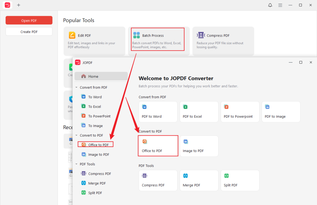 Go to Batch Process and click Office to PDF in JOPDF